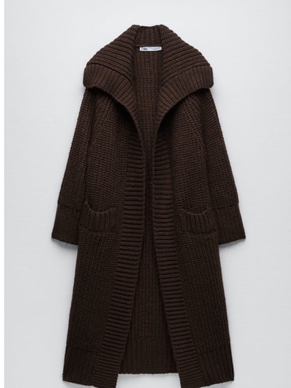 Zara Women’s Long Knit Hooded Cardigan Jacket Dark ChocolateBrown Sz Large NWOT